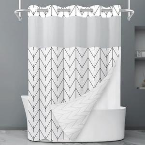 No Hook Striped Shower Curtain with Snap in Liner Set - Hotel Shower Curtain and Liner Set with See Through Mesh Top Window,Machine Washable, 71x74 INCH - Black & White Herringbone
