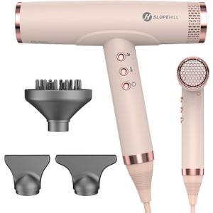 slopehill Professional Ionic Hair Dryer, High-Speed Blow Dryer with Brushless Motor for Salon Use, Lightweight Compact Hairdryer for Travel, Low Noise Quiet for Home, Ceramic Pink (Pink Light)