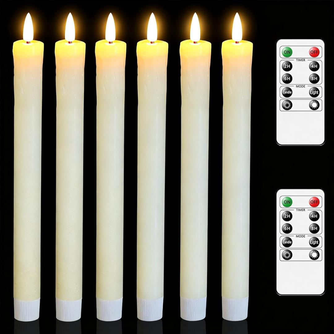 Lezonic Ivory Flameless Taper Candles Battery Operated with Remote, Long LED Candlesticks Flickering Real Wax Set of 6, 9.5 inch Battery Candles with Realistic 3D Flame
