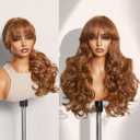 GORGIUS Glueless Wavy Wig with Bangs Honey Brown Synthetic Curtain Bang Wig with Realistic Scalp 22 Inch