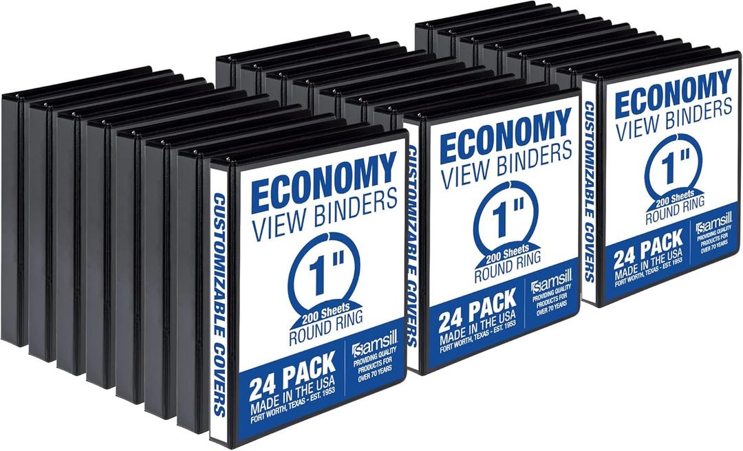 Samsill 1 Inch 3 Ring Binders, Made in USA, Economy Round Ring, Clear View Cover, 200 Sheet Capacity - for School, Home, Office - Black, 24 Pack