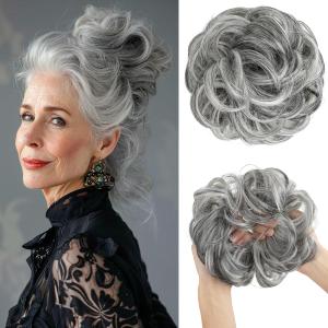 CJL HAIR Large Messy Bun Hair Piece Wavy Curly Scrunchies Synthetic Chignon Ponytail Hair Extensions Thick Updo Hairpieces for Women Dark Grey