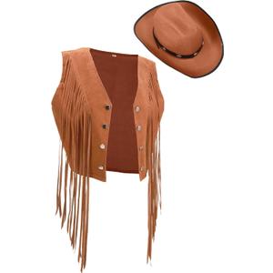 Yaomiao 70s Hippie Womens Fringe Vest Western Felt Cowgirl Hat Cowgirl Costume Rivets Sleeveless Faux Suede Tassels Jacket