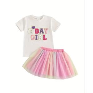 Toddler Girl Birthday Outfit Birthday Girl Embroidery Short Sleeve T-Shirt Tutu Skirt Set Party Clothes for Girls