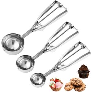 Cookie Scoop, Set of 3 Cookie Dough Scoops for Baking 1 Tbsp, 2 Tbsp, 3 Tbsp, Stainless Steel Ice Cream Scooper with Trigger Release for Cupcake, Ice Cream, Muffin, Meatball, Melonball