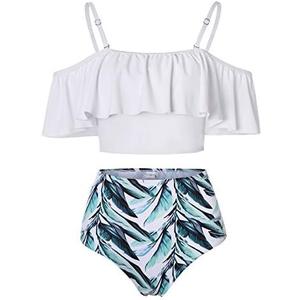 Kaei&Shi High Waisted Flounce Bikini Set,Tummy Control Swimsuits for Women,Off Shoulder, White XXX-Large