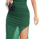 Capuffy Women's Spaghetti Straps Elegant Glitter V-Neck Cocktail Maxi Dress Thigh-High Slit Ruched Bodycon Evening Gown 315 (Large, Green)