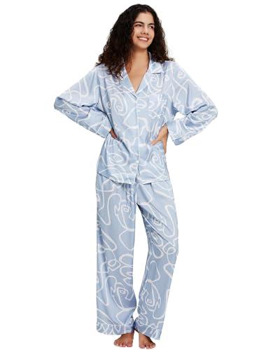YiNi LuLu Womens Silk Satin Pajamas Set Button Down 2 Piece Pjs Set For Women Long Sleeve Oversized Sleepwear with Pockets, Small