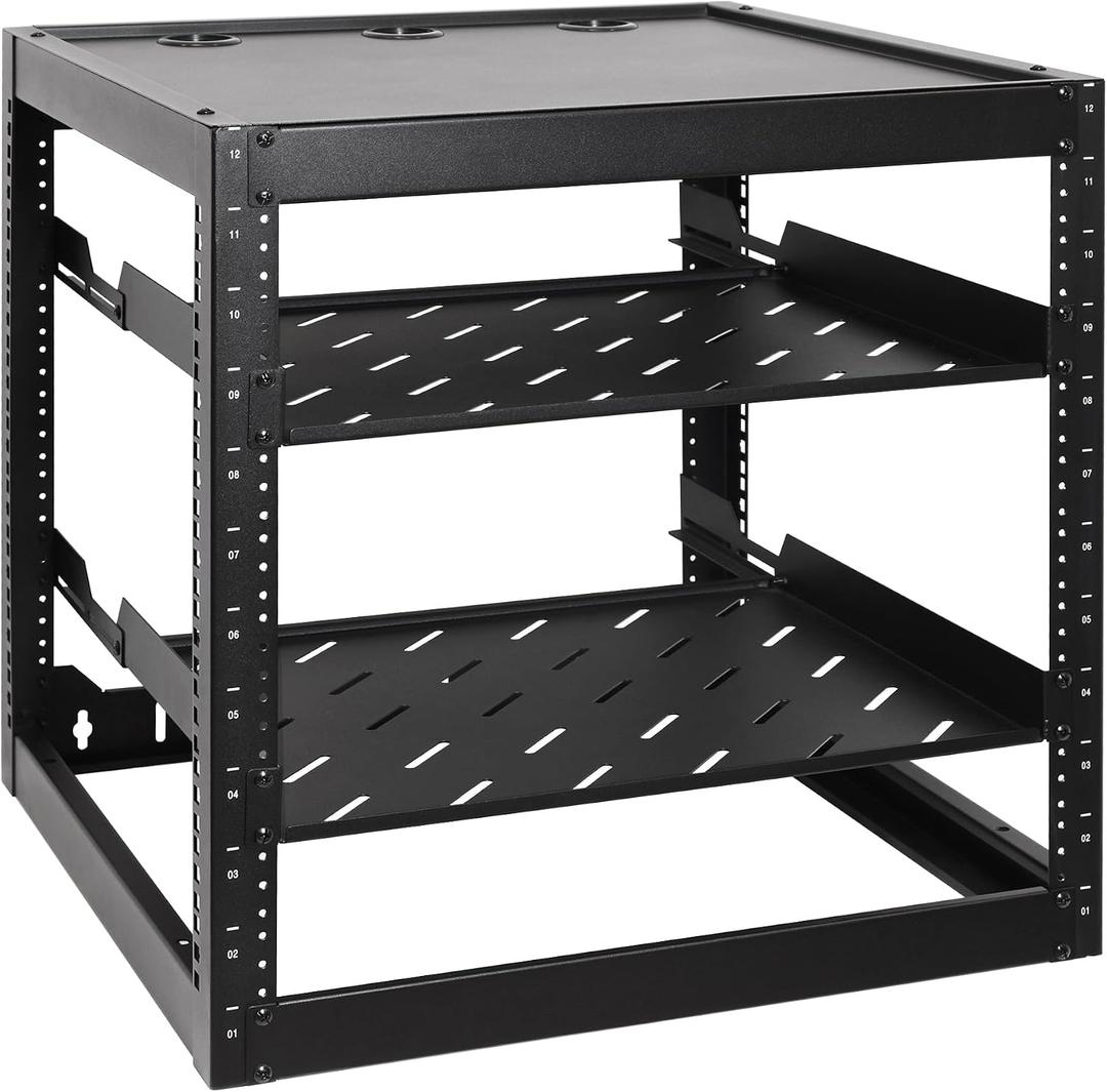 RackPath 12U Open Frame Network Rack with 2X 14in Vented 1U Shelves Rear Support, Wall Mount/Floor Standing Network Cabinet, Heavy Duty 150 lbs Capacity for IT & AV Gear, Audio and Video Device