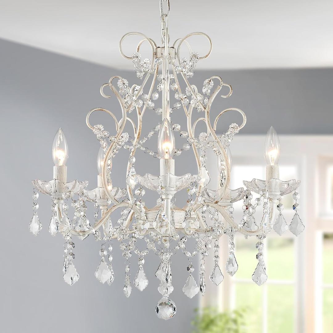 WUZUPS 5-Light Crystal Candle Chandelier Pendant Ceiling Light Modern Lighting Fixture for Bedroom Hallway Bar Kitchen Bathroom, H 23.2" W 20.7", E12 Base, Rustic White