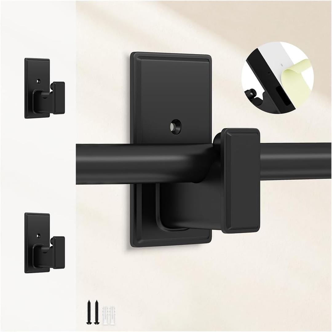 TKZTKZ No Drill Curtain Rod Brackets:Self Adhesive Curtain Rod Holders for Rod 5/8" No Screw,Heavy Duty Easy Curtain Rod Bracket No Drilling,No Damage Wall Renter Friendly Curtain Rod Hooks Black,2PCS