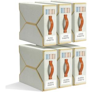 Yecaye 6 Pack Sheet Organizers and Storage for Linen Closet, Foldable Set Organizer With Clear Window and Label (Queen & King Size), Bedding Storage Box Container, Beige