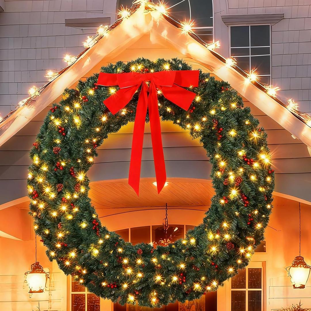 60 Inch Large Prelit Christmas Wreath with 300 Warm White String Lights 8 Lighting Modes Artificial Outdoor Xmas Wreath with 580 PVC Tips Bow Pine Needles Pinecones and Berries Door Decorations