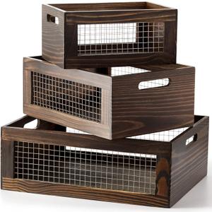 Set of 3 Extra Large Wooden Nesting Countertop Baskets, Rustic Wood Storage Organizer for Kitchen, Pantry or Bathroom Fruit, Vegetables, Bread Crates with Handles (Largest 16")