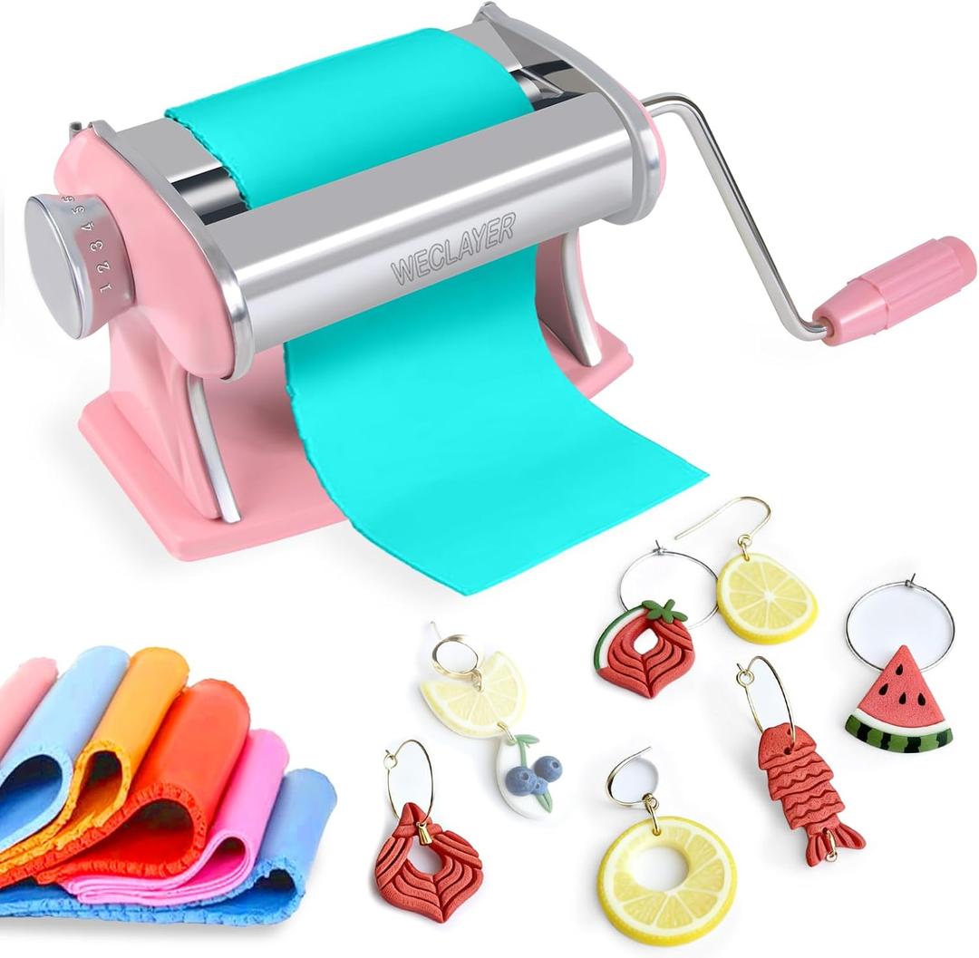 Polymer Clay Press Machine,Clay Roller Machine,Includes Clamp and Hand Crank,Stainless Steel Polymer Clay Tools for Clay Earring Making,7 Thickness Clay Pasta Machine-Pink