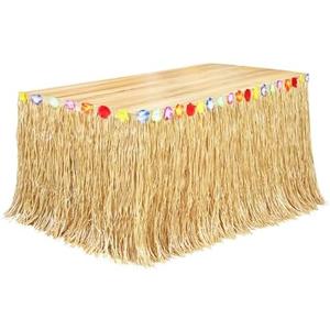 Fovths Luau Grass Table Skirt Natural 9 Feet x 29.5 Inch Hawaiian Table Skirt for Tropical Hawaiian Party Decorations Luau Costume Party, Straw Yellow