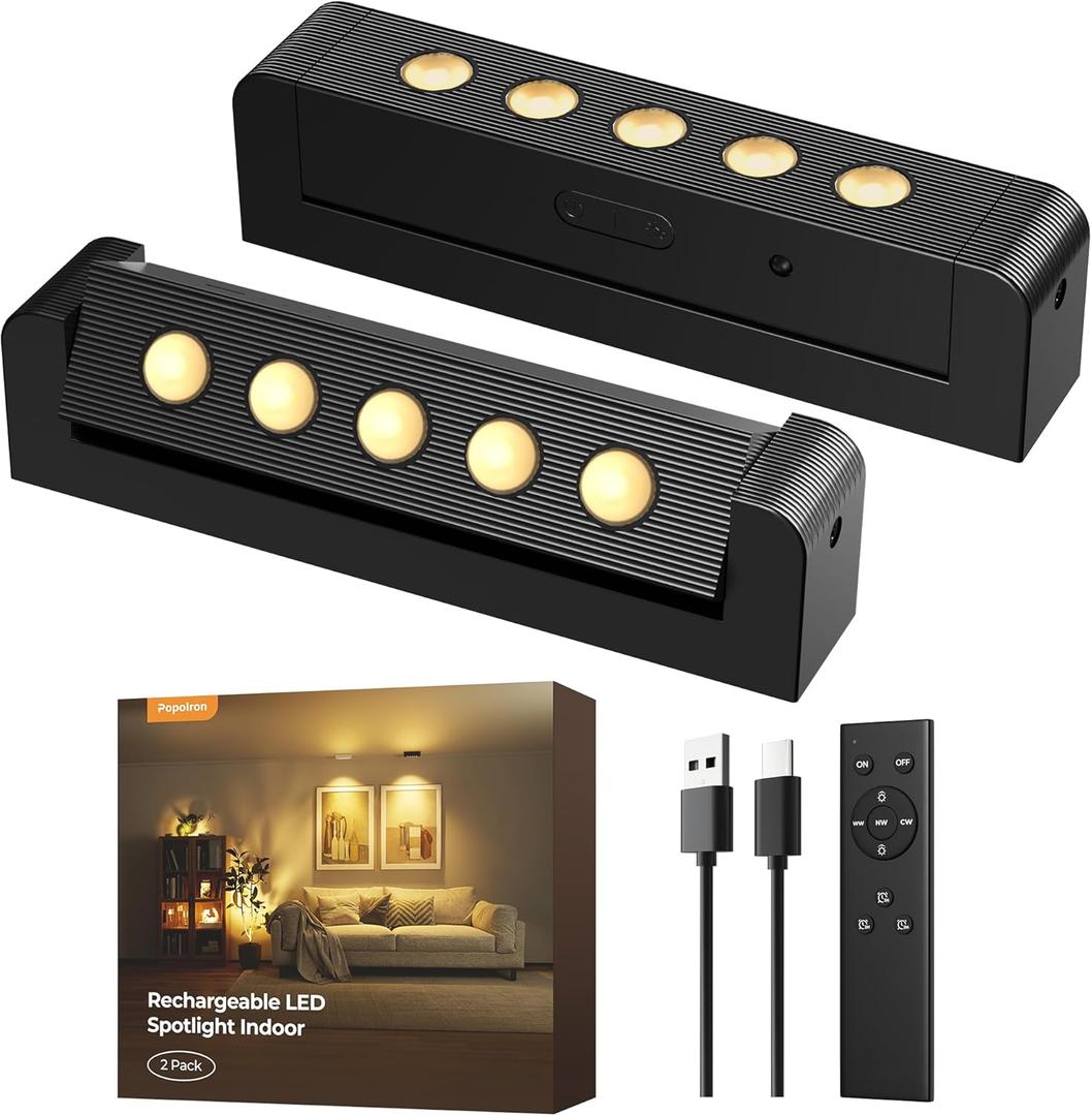 LED Spotlights Indoor, 5500mAh Rechargeable 300 Lumen Spot Lights Indoor, Wireless Uplights with Daily Auto TimerDimmable, Picture Lights for Plants Display Painting Artwork (2 Pack, Black)