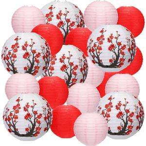 Mudder 20 Pieces Chinese Japanese Paper Lanterns Includes Cherry Flowers Paper Lanterns for Hibachi Birthday Party Asia Home Restaurant Wedding Decor(Red White and Pink,Modern Style)