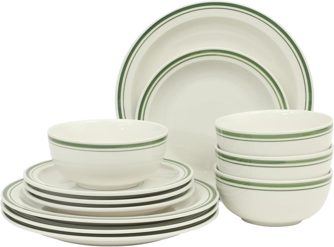 Gibson Home Hometown Diner 12-Piece Porcelain Dinnerware Set, Round Plates and Bowls Set for 4, White with Green Rim, Dishwasher Safe Dinner Plate, Salad Plate & Cereal Bowl