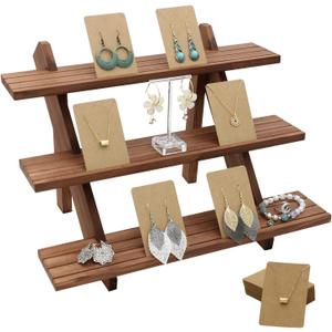 51pcs 3-Tier Wood Earring Display Stand, Retail Display Riser Earring, Ring Holder Stand, Removable Countertop Small Merchandise Display Stand with 50 Pcs Earring Card (Light Brown)