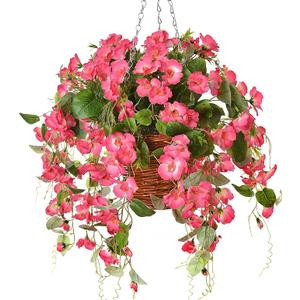 HyeFlora Artificial Fake Hanging Hibiscus Flowers Plants Baskets for Outdoor Outside Spring Summer Decoration, Faux Silk Hibiscus Long Vines in Planter UV Resistant Realistic Flowers (RedPink)