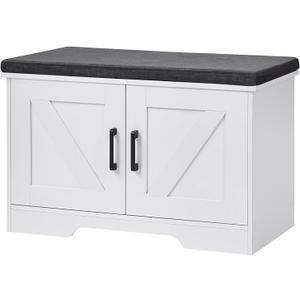 HOMSHO 2-Tier Storage Bench, 27.6" Wide Shoe Bench with Padded Seat Cushion, Entryway Bench with 2 Barn Doors and Adjustable Shelf, White