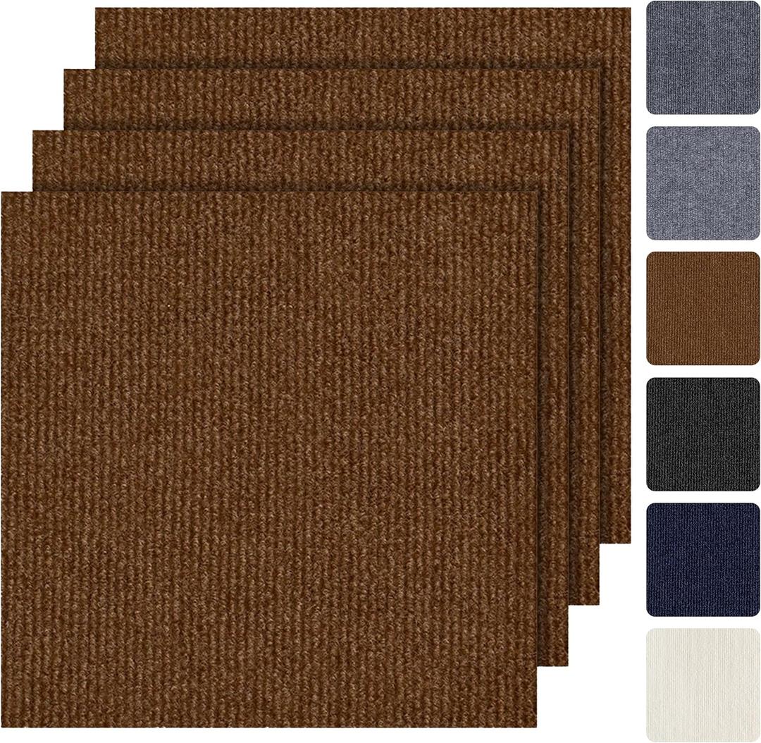 Peel and Stick Carpet Tiles 24x24 Inch, 20 Tiles Large Self Adhesive Carpet Squares, 4.5mm Thick Waterproof Stick On Floor Tiles for Basement, Classroom, Easy DIY Flooring, Brown