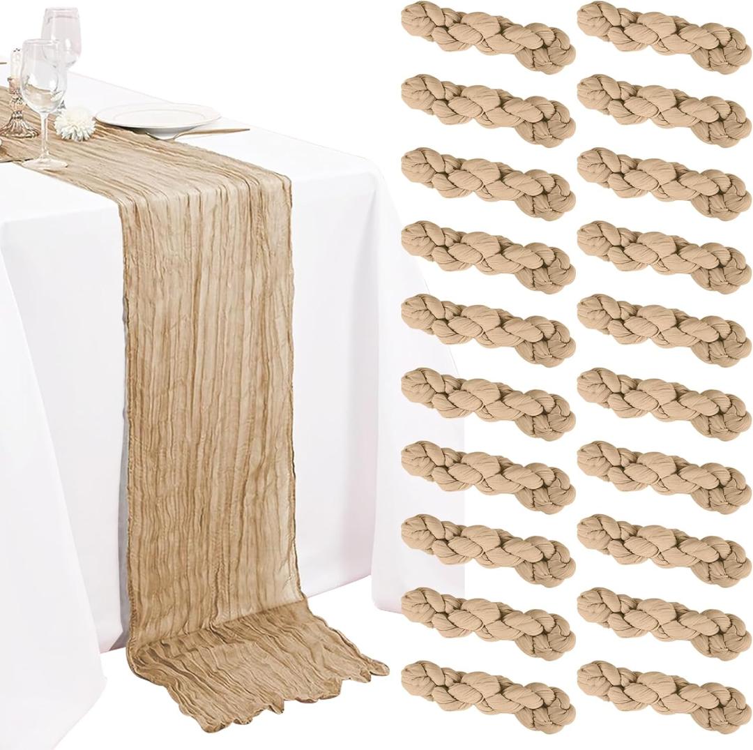 20 Pack Beige Cheesecloth Table Runner 10FT Boho Gauze Fabric Cheese Cloth Table Runners for Wedding ,Party,Baby Shower, Bridal Party, Rustic Farmhouse and Table Decorations