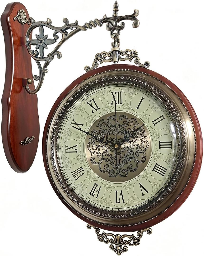 Homestia Double Sided Wall Clock Vintage Style Silent Non-Ticking Clock Battery Operated,360° Rotating,Wood Frame,Retro Double Sided Wall Clocks for Art Antique Decor Living Room Bedroom Office, Size: Double Sided - 13 Inch