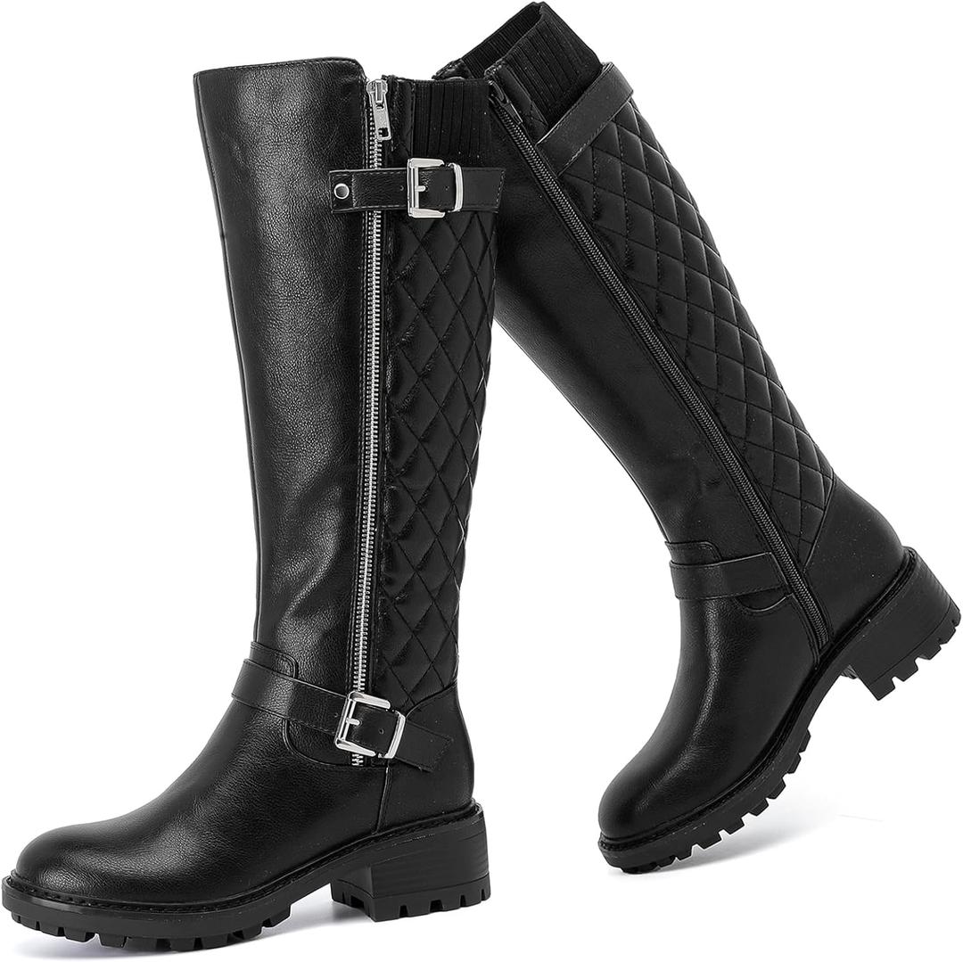 Ruiee Knee High Boots for Women Classic Comfort Riding Combat Boot Round Toe Side Zipper Long Tall Fall Winter Womens Boots. (8.5, Black Pu 267)