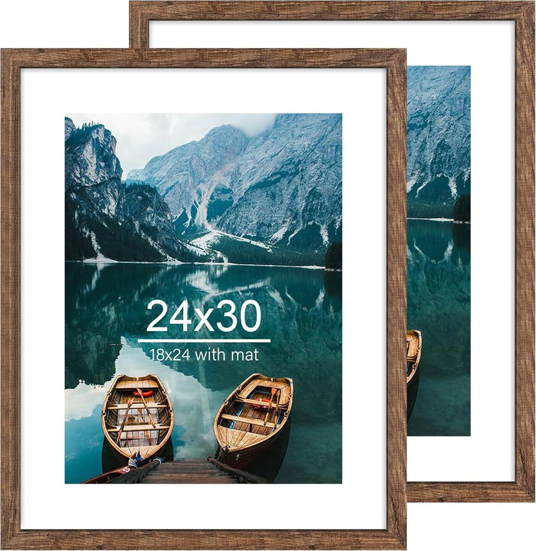 24x30 Frame Set of 2, Rustic Brown Wood Style - Display 18x24 Picture Frame with Mat or 24 x 30 Poster without Mat, Wall Mounting Horizontal and Vertical