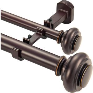 1 1/8 Inch Heavy Duty Double Curtain Rods for Windows, 72-144inch(6-12ft) Adjustable Length Telescoping Dual Drapery Rod Set with Solid Aluminum Bracket for Porch, Floor-to-ceiling Window, Matte Brown