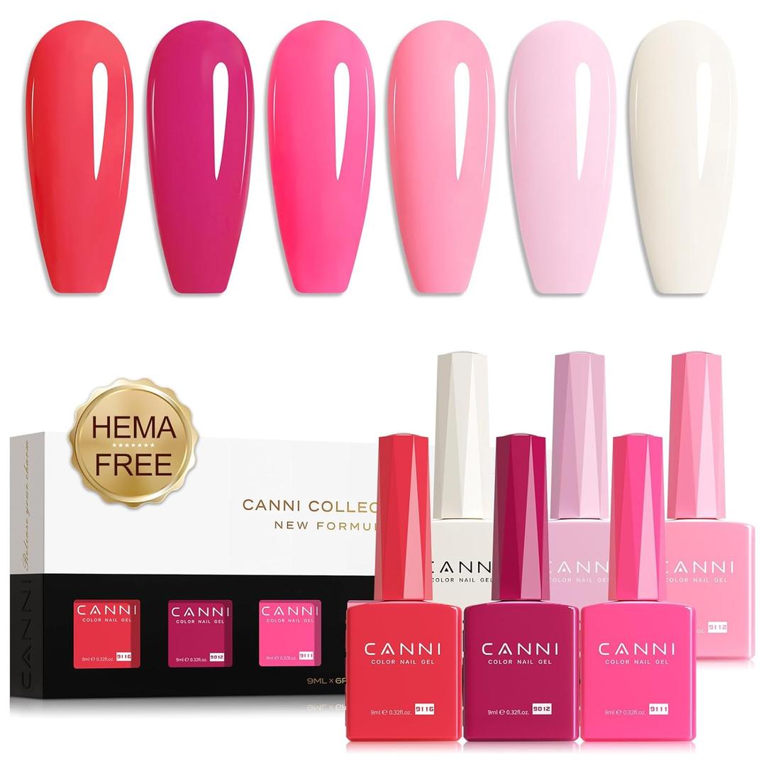 CANNI Pink Gel Nail Polish Set  6 Colors Hot Light Pink, Magenta  Soak Off UV LED Gel for French Manicure, DIY Nail Art at Home, Long-Lasting Glossy Finish
