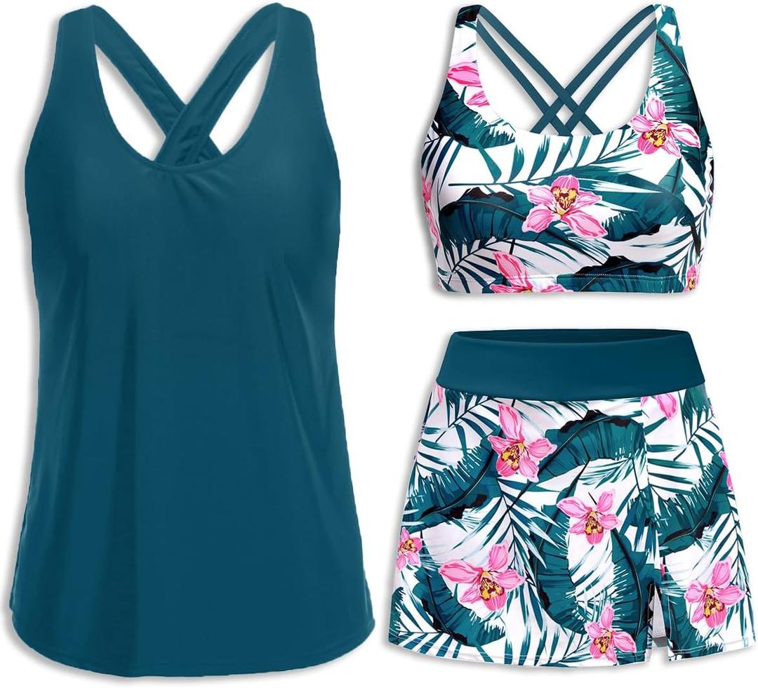 Daci Womens Teal Flower 3 Piece Tankini Swimsuits with Skirt - Tummy Control Bathing Suit Swim Tank Top and Sport Bra 2026 Athletic Swimwear XXL