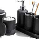 Bathroom Accessories Set, 6-Piece Bathroom Accessory Set, Toothbrush Holders Set, Soap Dispenser, Vanity Tray, Tumbler, Cotton Swab Jars, Bathroom Organizer for Modern Bathrooms(Black)