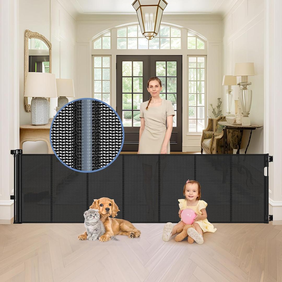 Reinforced 90 Inch Retractable Baby Gates Extra Wide Baby Gate with Reinforced Strips, 7.5ft Long Retractable Dog Gate for The House 33 Inch Tall Extra Long Pet Gates for Wide Openings, Black