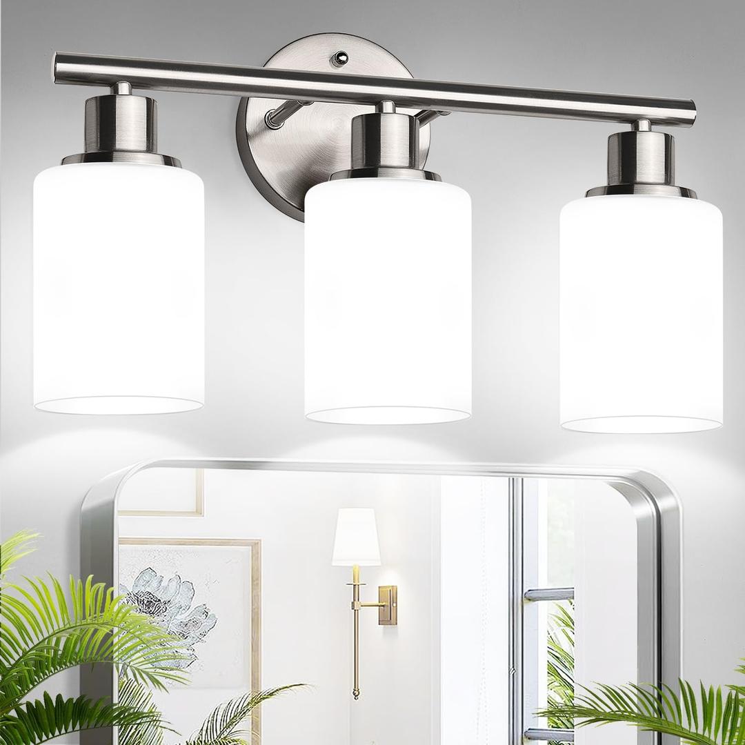 3-Light Bathroom Light Fixtures, Brushed Nickel Vanity Light, Farmhouse Wall Lights with Milky White Frosted Glass Shades, Bathroom Wall Lamp for Mirror Kitchen Bedroom Hallway Living Room