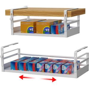 AmonHouseware 2Pack Under Shelf Basket Organizer, Adjustable Under Cabinet Shelf Storage, Hanging Holder Length Stretchable 13-21Inch for Kitchen Pantry Desk Counter Bookshelf Cupboard (White)