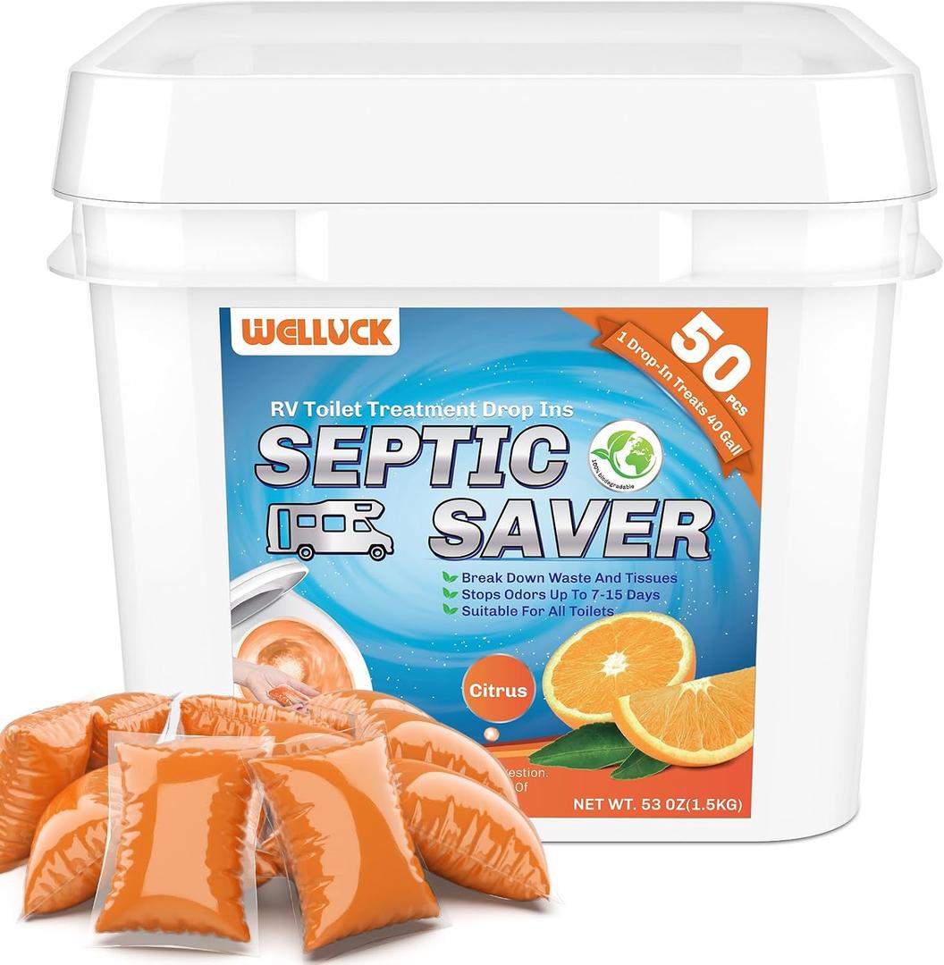 WELLUCK RV Toilet Treatment Drop-Ins, 50 Pack - 50 Week Supply Black Tank Deodorizer | Breaks Down Waste & Tissue | Septic Safe Treatment for RV, Camper, Marine Toilet | Citrus Scents