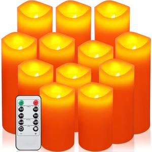 Retisee 12 Pcs Flameless LED Candles Battery Operated with 10-Key Remote Timer, 4" 5" 6" 7" Real Wax Flickering Pillar Orange Flameless Candles for Fall Halloween Thanksgiving Wedding Decor