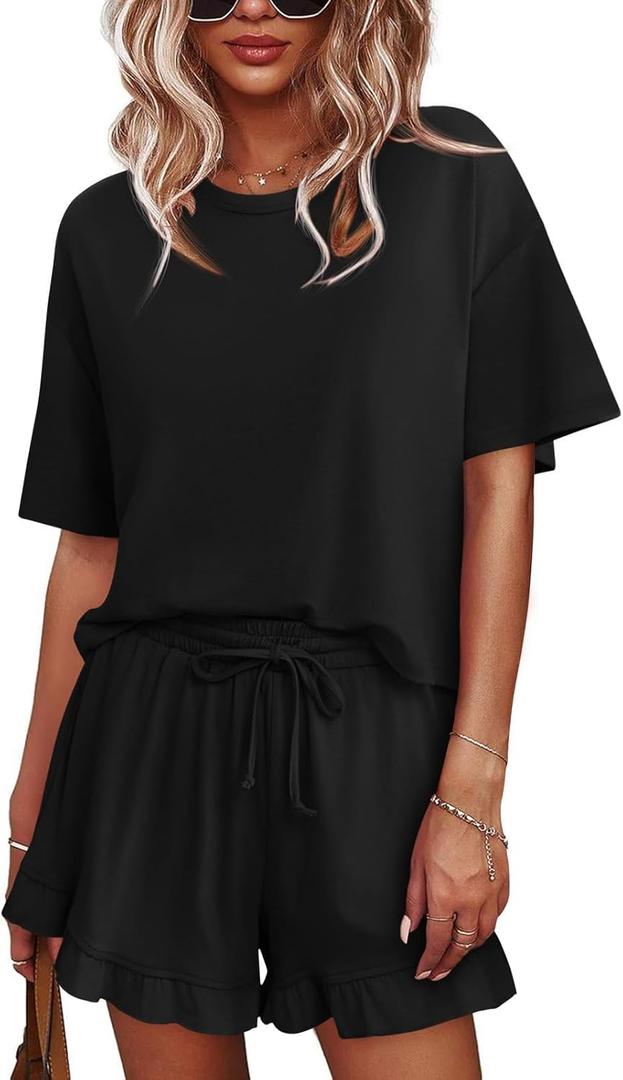 Tankaneo Womens 2 Piece Shorts Set Summer Casual Short Sleeve T Shirts Drawstring Ruffle Shorts Pajamas Lounge Set (Black, S)