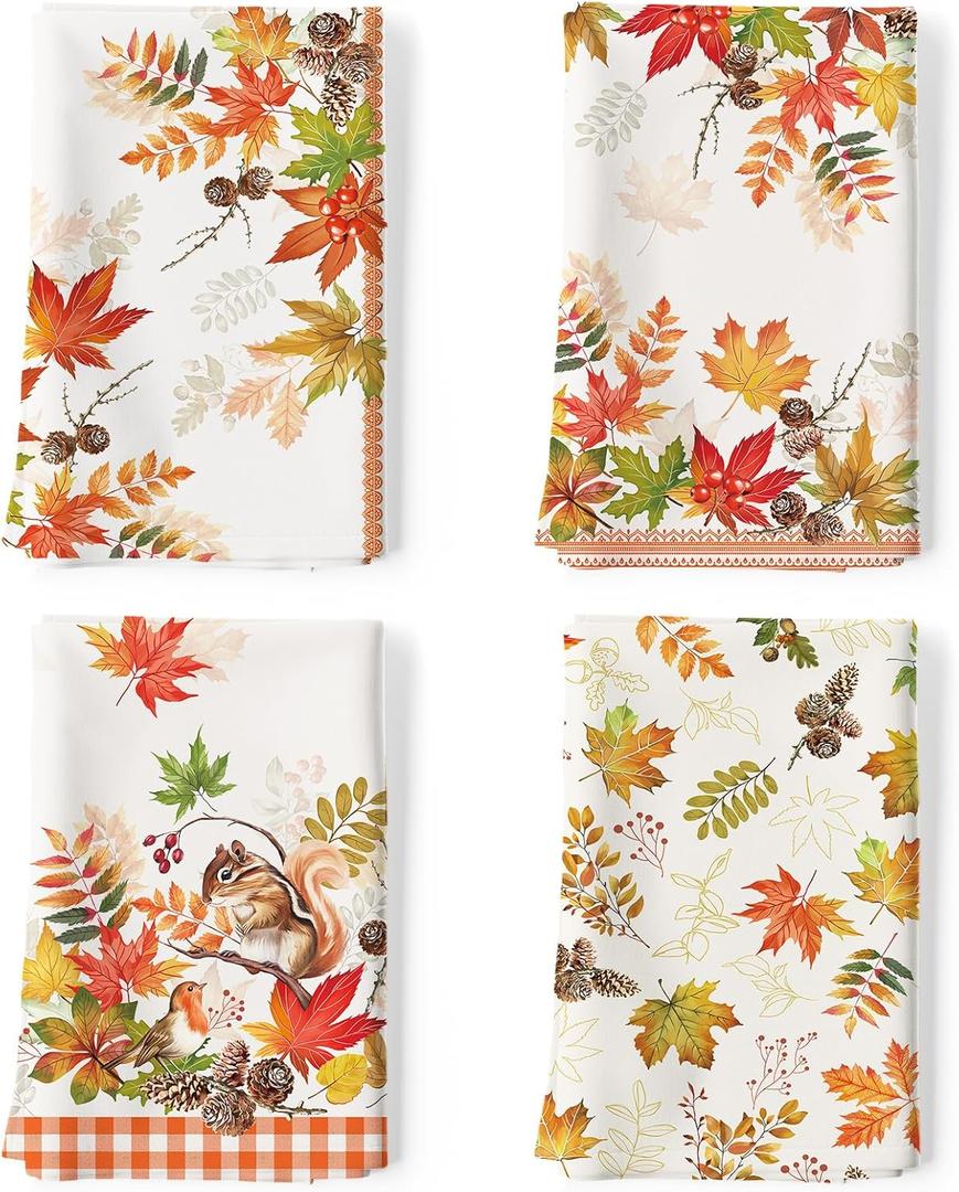 Fall Maple Leaves Tea Towels, 100% Cotton Kitchen Towel Set of 4 2027.5 inch, Multi-Purpose Quick Dry Dish Towels Dishcloths for Kitchen Dining Home Decoration