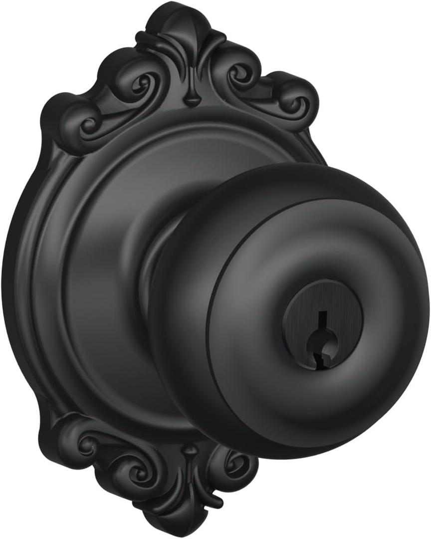 SCHLAGE F51A GEO 622 BRK Georgian Knob with Brookshire Trim Keyed Entry Lock, Matte Black