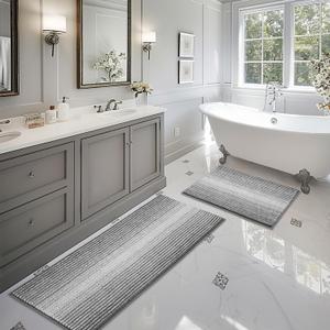 BSICPRO Bathroom Rugs and Mats Sets, 2 Piece Thick Absorbent Chenille Bath Mat Rug Set Non Slip, Soft Shaggy Bath Room Floor Mats for Bathroom, Machine Washable (Gray, 20" x 60" Plus 20" x 32") (Grey)