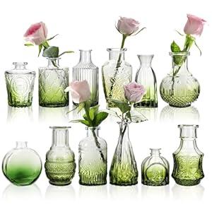STARSIDE Set of 12 Green Glass Bud Vases in Bulk, Small Vintage Bud Vase for Centerpieces, Rustic Wedding Decorations, Home Table Flower Décor