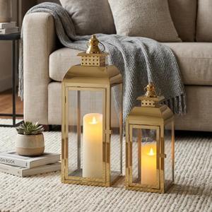 JHY DESIGN Set of 2 Stainless Steel Decorative Candle Lanterns 20.5"&15" High Metal Candle Lanterns for Indoor Outdoor Events Parities Weddings Vintage Style Hanging Lantern (Gold)