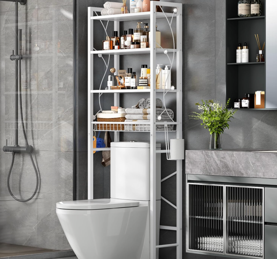 Salakita Over-The-Toilet Storage Rack, 4-Tier Bathroom Organizer Shelf Over Toilet with Adjustable Shelf and Basket, Freestanding Space Saver Bathroom Shelves Above Toilet for Room (Pure White)