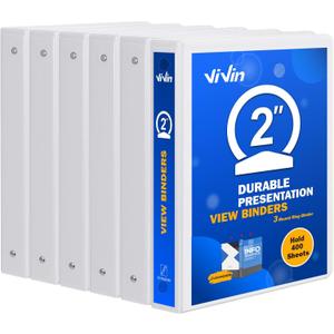 3 Ring Binder 2 Inch, ViVin Sturdy 2"-Round Ring Binder with 2 Interior Pockets, Clear View Cover, PVC-Free, Fits 400 Sheets of 8.5'' x 11'' Paper, Office Home School (6 Pack, White)