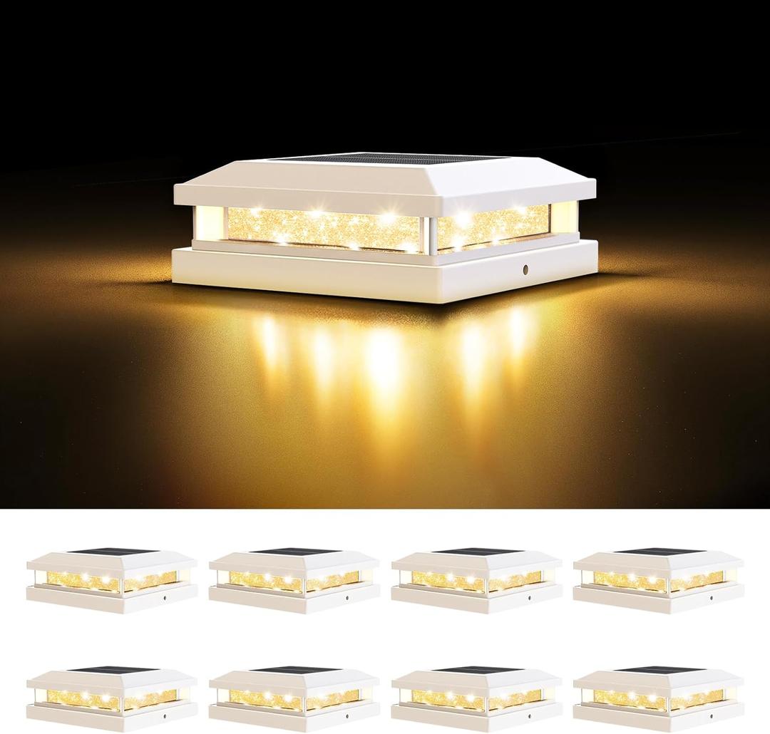 Brightever 4x4 Solar Post Cap Lights Outdoor, Waterproof Solar Powered Deck Lights for 5x5 Wooden/Vinyl Post, Outside White Fence Light with 16LEDs Warm/Cool Lighting in Garden, Patio, Porch, 8-Pack