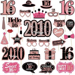 16th Birthday Decorations for Girls, Black Rose Gold Sweet 16 Photo Booth Props Sweet 16 Party Decorations Selfie Props Vintage 2010 Sixteen Centerpiece Sticks Happy 16th Birthday Party Supplies Sign